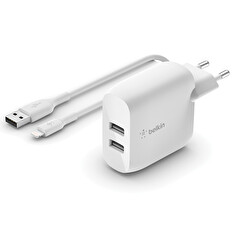 Belkin Duální USB-A domácí nabíječka 2x12W, lightning kabel, bílá