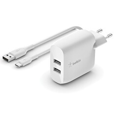 Belkin Duální USB-A domácí nabíječka 2x12W, USB-C kabel, bílá