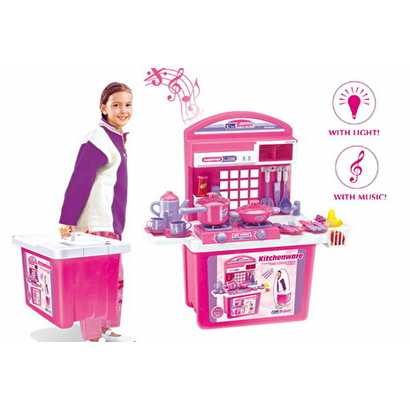 HR G21 Dětská kuchyňka s příslušenstvím v kufru růžová