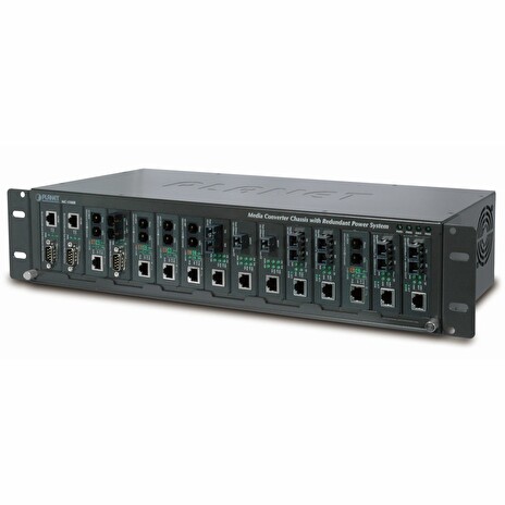 Planet MC-1500R, šasi 15 slotů pro media konverotry, 19"/2,5U, interní napájení 70W/48VDC, možný duální zdroj