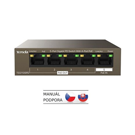 Tenda TEG1105PD 5port PD Gigabit Switch,1x PoE In, 4x PoE Out 802.3af 10/100/1000Mbps