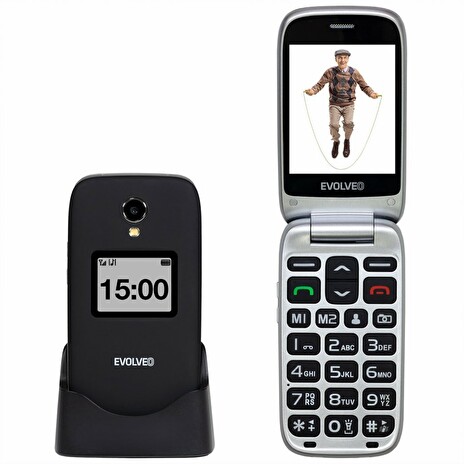 EVOLVEO EasyPhone FP, vyklápěcí mobilní telefon 2.8" pro seniory s nabíjecím stojánkem (černá)