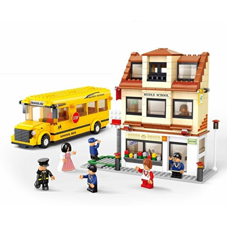 SLUBAN stavebnice Školní Autobus se Školou, 487 dílků (kompatibilní s LEGO)