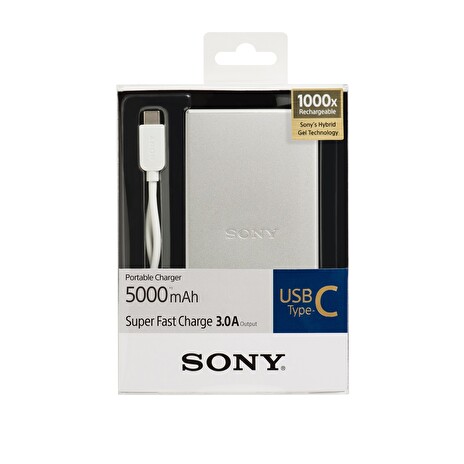Sony přenosný USB dobíjecí zdroj pro USB Type C dobíjecí zařízení - kapacita 5000 mAh, stříbrná barva